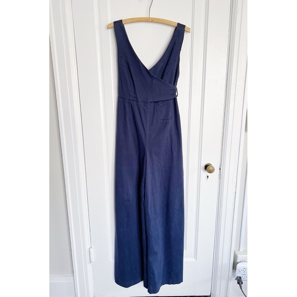 Anthropologie • Chino Jumpsuit navy blue wide leg wrap tie waist stretch twill - Picture 2 of 10